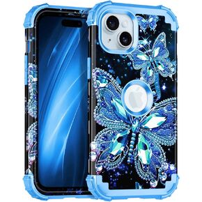 Miqala Compatible with iPhone 13 Case,Glow in The Dark Three Layer Heavy Duty Shockproof Hard Plastic Bumper+Soft Silicone Protective Case for Apple iPhone 13,Dark Butterfly