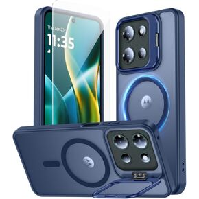 for Motorola Moto G 2025 Case, Fits MagSafe, with Built-in Camera Ring Stand & Sceen Protector, Slim Translucent Matte Military-Grade Drop Protection Magnetic Cover, Black