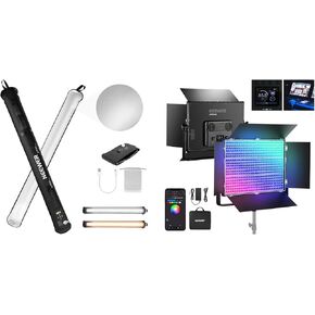 NEEWER AP150C 150W RGB LED Panel Video Light Kit with Barn Doors, 1800 LEDs 42500Lux/0.5m 2500K-10000K with GC21B 21W Handheld LED Tube Light 35.5"/90cm for Pro Studio Photography Recording Stage Ligh