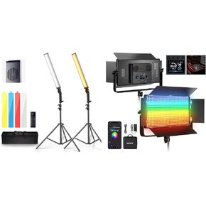 NEEWER AP100C 105W RGB LED Panel Video Light Kit with Barn Doors, 1200 LEDs 31500Lux@0.5m 2500K-10000K with BH20B Ultra Handheld 2.4G LED Video Light Stick Kit for Pro Studio Photography