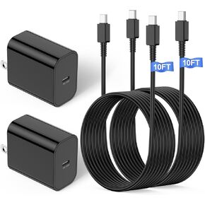 50W Dual Port Super Fast Charger with Long USB C to C Cable 10ft,Type C Wall Charger Block and Android Phone Charging Cord for Samsung Galaxy S25 Ultra/S25+/S24+/S24 Plus/S23+/S22+/S21/S20/Note 20/10+