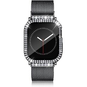 Magnetic Band and Case Compatible with Apple Watch Band 40mm 41mm 44mm 45mm for Women, Milanese Metal Mesh Loop with Bling Diamond Screen Protector Dressy Bracelet Strap for iWatch Series 9 8 7 6 5 4
