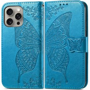 Case for iPhone 16 Pro Max Wallet Case for Women, Leather Flip Phone Case with Kickstand Magnetic and Card Holder Protective Case Cover for iPhone 16 Pro Max 6.9 inch Butterfly Blue SD