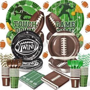 300 Pcs Football Plates and Napkins Tableware Sets, Football Party Supplies, Including Football Plates Napkins Forks Straws and Cups (Blending 2 Designs), Suitable for Game Day Party (Serve 50)