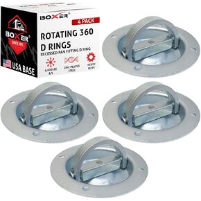Boxer 4 Pack Extra Large Rotating Recessed-Pan Fitting with D-Ring, Swivels 360 Degrees - D-Ring Tie Down Anchor Point - Heavy Duty 6,000 LBS Zinc Plated