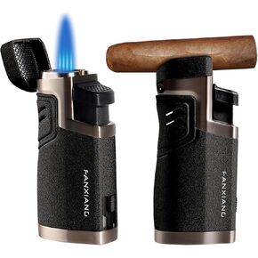 Torch Lighter Cigar Lighter Quadruple Flame Butane Refillable Lighter with Cigar Holder, Cigar Punch Built in, 2 Pack (Gas Not Included) (Black)