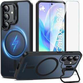 Fin2feel for Samsung Galaxy S24 Case 6.2inch, with Tempered Glass Screen Protector, Magnetic [with Camera Stand Guard] Shockproof Translucent Matte Protective Case for Samsung Galaxy S24/S25 (Black)