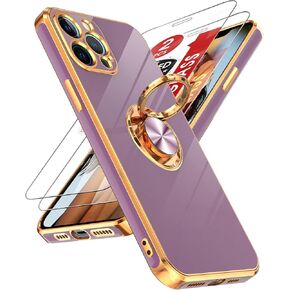 LeYi for iPhone 12 Pro Max Case: with 2 Pack Tempered Glass Screen Protector and 360° Rotatable Ring Holder Magnetic Kickstand, Plating Rose Gold Edge for 12 Pro Max Case, Purple