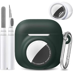 2 in 1 Silicone Case Compatible with AirPod 4 and AirTag,Anti-Scratch Anti-Lost Protective Skin Cover for AirPods 4th Generation with 2 PCS TPU Screen Protector&Lanyard (Black)