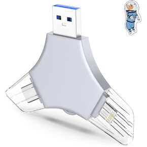 USB 3.0 Flash Drive 64gb for iPhone, 3in1 External Memory Picture Keeper Storage Stick for Photo/Video/Data Saver/Backup, V4.46High Speed Thumb Drives for iPhone/iPad/Android/PC - Powdered