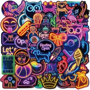 50Pcs Neon Stickers Pack, Graffiti Trippy Decals for Laptop, Kindle, Luggage, Journal, Scrapbook, Skateboard, Water Bottle, Bumper, Waterproof Vinyl Funny Stickers