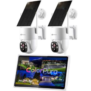 Kittyhok ColorPura PTZ Solar Security Camera Outdoor Wireless, True Color Night Vision, 2K Resolution, Human Detection, IP66 Weatherproof, 2 pcs BLY4 Bundle with KNST10 Wireless NVR with Monitor