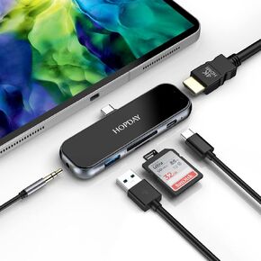 iPad Pro USB C Hub, HOPDAY 6 in 1 USB C Adapter with 4K HDMI,USB 3.0, Type C PD Charging,SD/TF Slots,Headphone Jack for iPad Pro 2021 2020 2018 12.9/11 inch, iPad Air 4 dongle