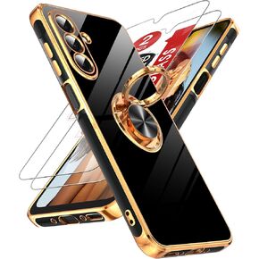 LeYi for Galaxy A26-5G Phone Case: with 2 Pack Tempered Glass Screen Protector and 360° Rotatable Ring Holder Magnetic Kickstand, Plating Rose Gold Edge for Samsung A 26 5G Case, Black