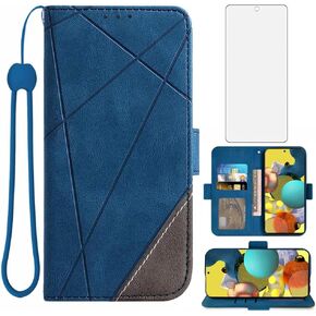 Asuwish Compatible with Samsung Galaxy A51 5G/A 51 5G UW Verizon Wallet Case and Tempered Glass Screen Protector Flip Card Holder Stand Cell Accessories Phone Cover for Glaxay 51A G5 Gaxaly S51 Blue