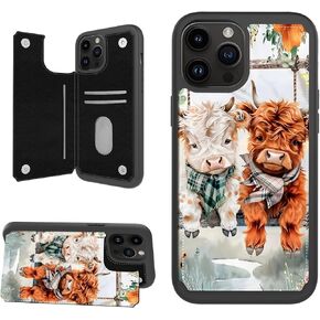 for iPhone 16 Pro Max Phone Wallet with Card Holder, Flip PU Leather Shockproof Phone Case for iPhone 16 Pro Max, Kickstand Card Slots Magnetic Dual Clasp RFID Blocking, Cute Highland Cow
