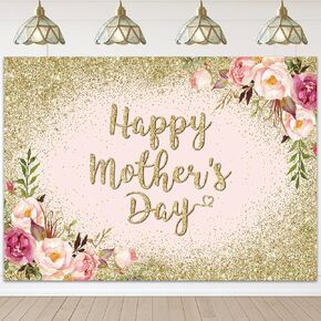 Avezano Glitter Gold Happy Mother's Day Backdrop for Thanks Mother Party Photoshoot Photography Backdrops Blush Pink Golden Glitters Dots Floral Mom's Day Party Decorations Banner (7x5ft)