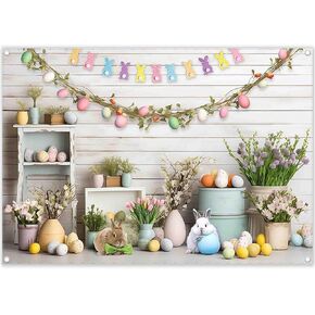 ZTHMOE 7x5ft Fabric Easter Photography Backdrop Spring Colorful Eggs Rabbit Rusitc Wooden Wall Background Floral Bunny Party Decorations Portrait Photo Banner