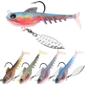 5Pcs Paddle Tail Swim Baits, Pre-Rigged Jig Heads Soft Fishing Lures with Spinner, 3D Eyes Swimbait with Hooks for Bass Fishing Saltwater Freshwater for Bass Trout Walleye Crappie