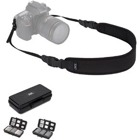 JJC Soft Neoprene Camera Neck Strap with Camera Battery Memory Card Case for Canon Nikon Sony Fujifilm DSLR Mirrorless Cameras