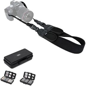JJC Soft Neoprene Camera Neck Strap with Camera Battery & SD Card Case for Canon Nikon Sony Fujifilm DSLR Mirrorless Cameras