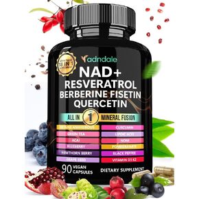 NAD Supplement 300mg & Resveratrol 1000mg Organic. Proprietary Longevity Formula with Liposomal NAD+, Trans Resveratrol, Quercetin, Betaine Anhydrous, Grape Seed, Fisetin. 90 Capsules, 9555mg/Serv.