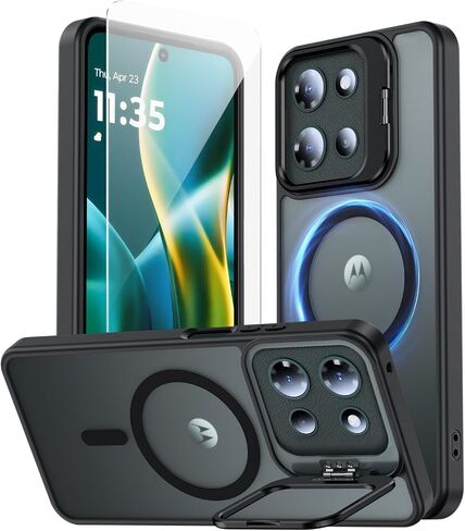 for Motorola Moto G 2025 Case, Fits MagSafe, with Built-in Camera Ring Stand & Sceen Protector, Slim Translucent Matte Military-Grade Drop Protection Magnetic Cover, Black in Saudi Arabia