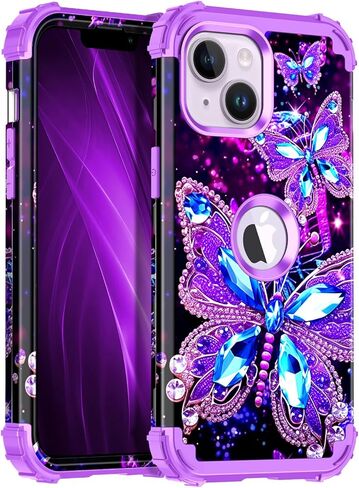 MIQALA متوافق مع حالة iPhone 13 ، توهج في الطبقة المظلمة الثلاثة صدمة صدمية الصدمات الثقيلة الصدمات الصارمة+حالة وقائية من السيليكون الناعم لأبل iPhone 13 ، الفراشة المظلمة in Kuwait