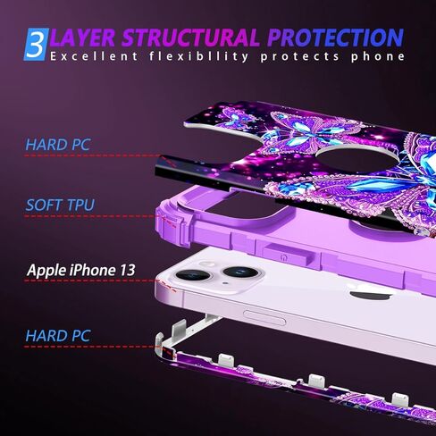 MIQALA متوافق مع حالة iPhone 13 ، توهج في الطبقة المظلمة الثلاثة صدمة صدمية الصدمات الثقيلة الصدمات الصارمة+حالة وقائية من السيليكون الناعم لأبل iPhone 13 ، الفراشة المظلمة in Kuwait