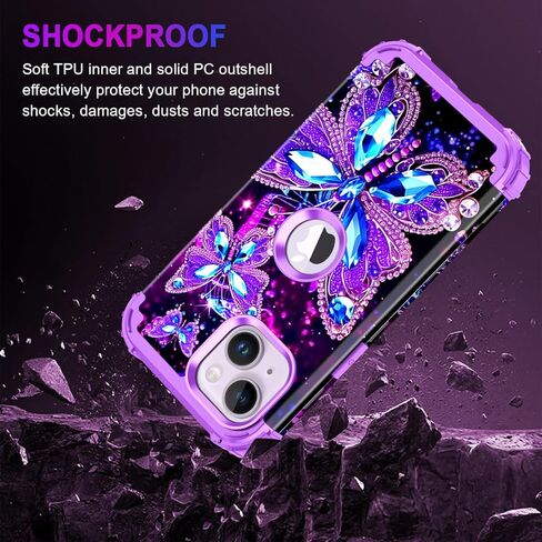 MIQALA متوافق مع حالة iPhone 13 ، توهج في الطبقة المظلمة الثلاثة صدمة صدمية الصدمات الثقيلة الصدمات الصارمة+حالة وقائية من السيليكون الناعم لأبل iPhone 13 ، الفراشة المظلمة in Kuwait