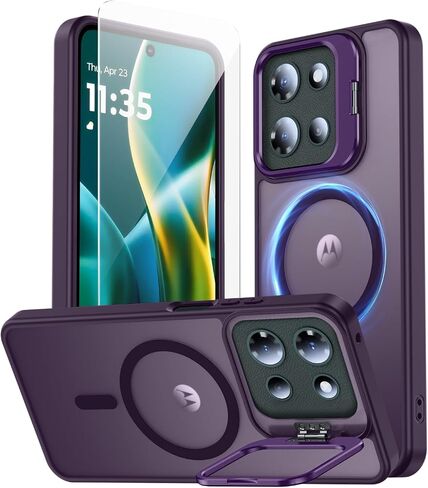 for Motorola Moto G 2025 Case, Fits MagSafe, with Built-in Camera Ring Stand & Sceen Protector, Slim Translucent Matte Military-Grade Drop Protection Magnetic Cover, Black in Saudi Arabia