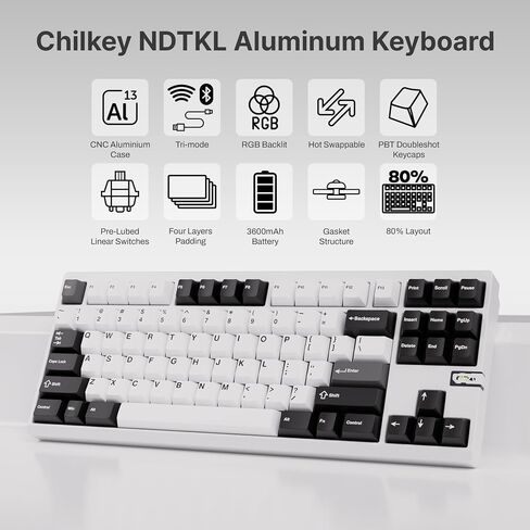 Chilkey ND TKL Aluminum Mechanical Keyboard, 87 Keys Tenkeyless Wireless Gaming Keyboard, Tri-Mode BT5.3/2.4GHz/USB-C PBT Keycaps Hot Swappable Custom Key Board for Windows Laptop Office PC in Kuwait