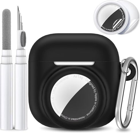 2 في 1 حالة السيليكون متوافقة مع Airpod 4 و Airtag ، وغطاء الجلد المضاد للخلع المضاد للخلع للجيل الرابع من AirPods مع 2 أجهزة كمبيوتر TPU شاشة و حبل شاشة (أسود) in Kuwait
