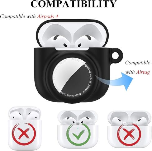 2 في 1 حالة السيليكون متوافقة مع Airpod 4 و Airtag ، وغطاء الجلد المضاد للخلع المضاد للخلع للجيل الرابع من AirPods مع 2 أجهزة كمبيوتر TPU شاشة و حبل شاشة (أسود) in Kuwait