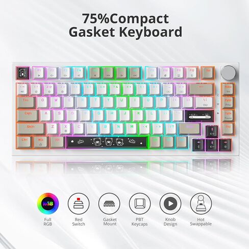 75% Wired Creamy Keyboard, Hot Swappable Mechanical Gaming Keyboard with Gasket Mounted, RGB Backlit, Red Switch, Knob Control for Win Pc Laptop(82White) in Kuwait
