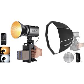 NEEWER MS60B 65W COB LED Video Light with Battery Kit, 2X 7800mAh NP-F970 Battery PD Fast Charging, 2700K-6500K, PWM Dimming, 40000lux/1m, CRI97+/TLCI98+, Bowens Mount, NS4P Octagonal Softbox Included