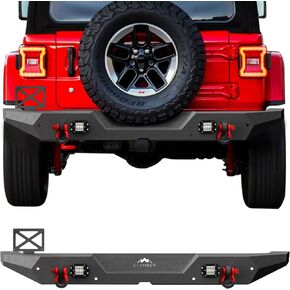 المصد الخلفي للطرق الوعرة لسيارة Jeep Gladiator JT 2020 2021 2022 2023 2024 واقي مصد خلفي أسود محكم من الفولاذ الكربوني شديد التحمل مع قطعتين من الأضواء الكاشفة LED وقابس مقطورة متوافق