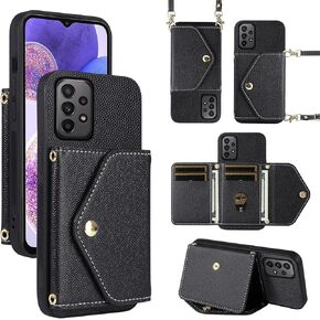 Minimalist Wallet Case for Samsung Galaxy A23 5G/4G with Shoulder Strap, 6 Card Slots Thin Slim Flip Purse,Credit Card Holder Stand Accessories Cell Phone Cover for A 23 23A 6.6 Red