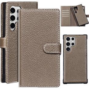 متوافق مع Samsung Galaxy S22 Ultra Wallet Case 6.8 '، وجلد أصلي 2 في 1 ، قابلة للفصل ، مقاوم للصدمة ، وغطاء الورقة مع فتحة البطاقة ، وشحن اللاسلكي ، حظر RFID رمادي ، اللون البني الرمادي
