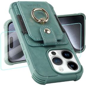 MONASAY Wallet Case with Card Holder Compatible for iPhone 15 Pro Max with 360° Rotation Ring Stand[Screen Protector][RFID Blocking] Leather Kickstand Shockproof Protective Phone Case, Light Green