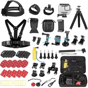 EMART 61 in 1 Action Camera Accessory Kit for Gopro Hero 8 DJI Osmo AKASO APEMAN Campark SJCAM with Waterproof Case Head Chest Wrist Strap Bike Mount Suction Cup Floating Grip Bundle