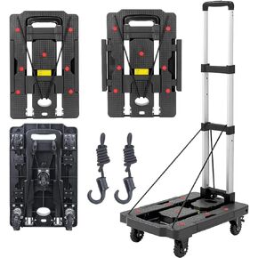 Folding Hand Truck, 330 Lbs Foldable Hand Truck Dolly Cart Heavy Duty Collapsible Trolley Portable Platform Luggage Cart with 5 Wheels & 2 Elastic Ropes for Moving, Shopping, Travel, Home, Office Use