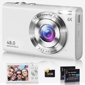 Digital Camera, 4K Autofocus Cameras for Photography, 48MP Anti-Shake Vlogging Camera for YouTube, 16X Digital Zoom Compact Point and Shoot Cameras with 32GB Card for Teens Adult Beginner-White