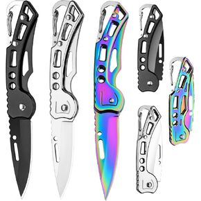 3 Pack Pocket Knife, Folding Knife with Keychain, Self Defense Knife for Women & Men, Stainless Steel Small Sharp Pocket Knife, Carabiner Knife for Outdoor Camping Hiking Mens Gift