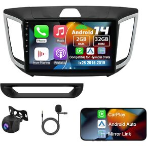 Android 14 Double Din Car Radio Compatible with Hyundai Creta ix25 2015-2019, 2G+32G 10" Touch Screen Car Stereo with Wireless Carplay Android Auto GPS WiFi Mic Backup Camera
