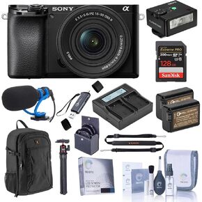 Sony Alpha a6100 Mirrorless Camera with 16-50mm f/3.5-5.6 Lens, Bundle with iM30 Mini Flash, MT-11 Tripod, 128GB SDXC Memory Card and 2X NP-FW50 Battery