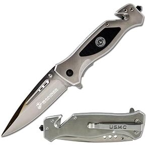 USMC Tactical Folding Knife–3.5 Inch Blade-Hunting, Rescue & Everyday Carry Gift for Marines Disabled Vet Owned Business | USMC Knife Silver