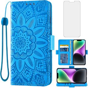 Asuwish Phone Case for iPhone 14 6.1 inch Wallet Cell Cover with Screen Protector Lanyard Wrist Strap Mandala Flower Zipper Card Holder Slot Stand iPhone14 5G i i-Phone i14 14Case Women Girls Blue