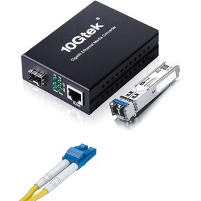 Gigabit Single Mode Media Converter with 10m OS2 LC to LC Fiber Cable, Fiber to Ethernet Converter with SFP LX Module, 1000Base-LX to 10/100/1000M RJ45, SMF, 1310nm, up to 20km