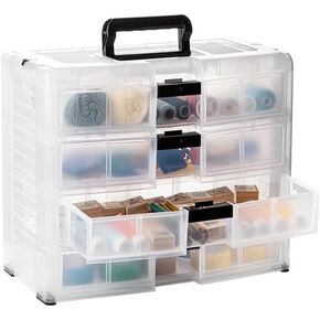 4-Drawer DeskTop Organizer With Removable Dividers，Clear Plastic Tool Storage Box with locking drawers and Handle For Hardware Crafts, Small Parts, Tool Storage,Office Supply